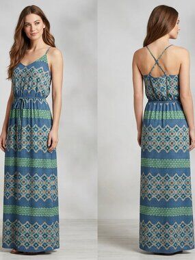Banana Republic Geometric Print Maxi Dress Size 8 Blue Green Boho Summer Sleevel